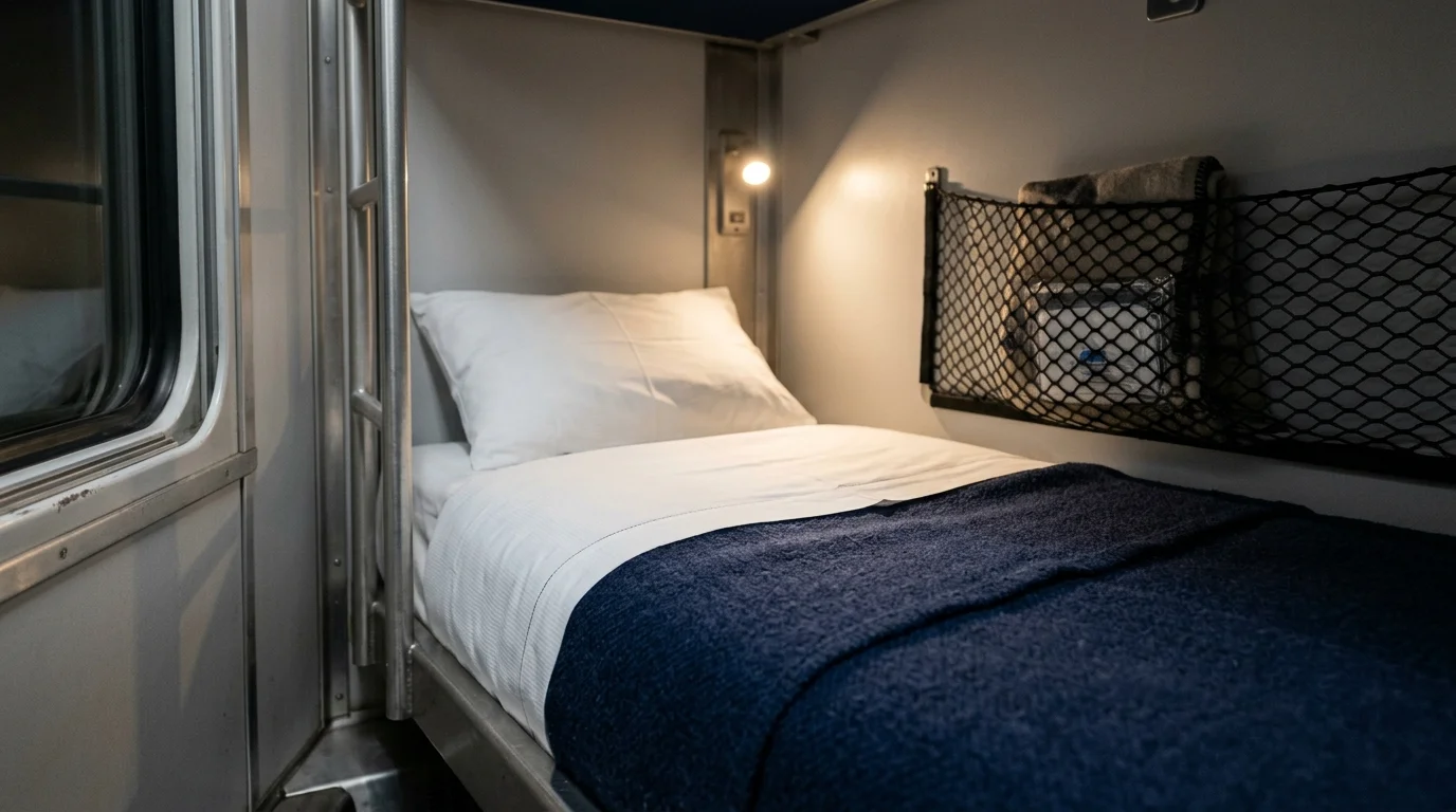 Second-class lower train bunk Second-class lower train bunk