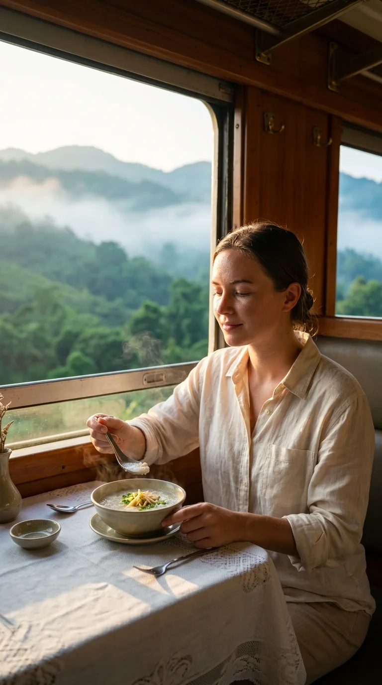 A passenger in a vintage train dining car A passenger in a vintage train dining car