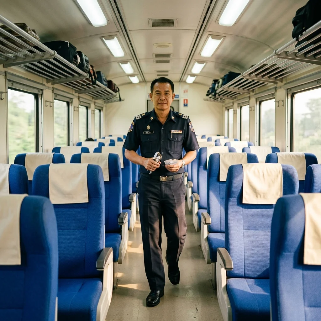 Thai railway ticket inspector and train interior Thai railway ticket inspector and train interior