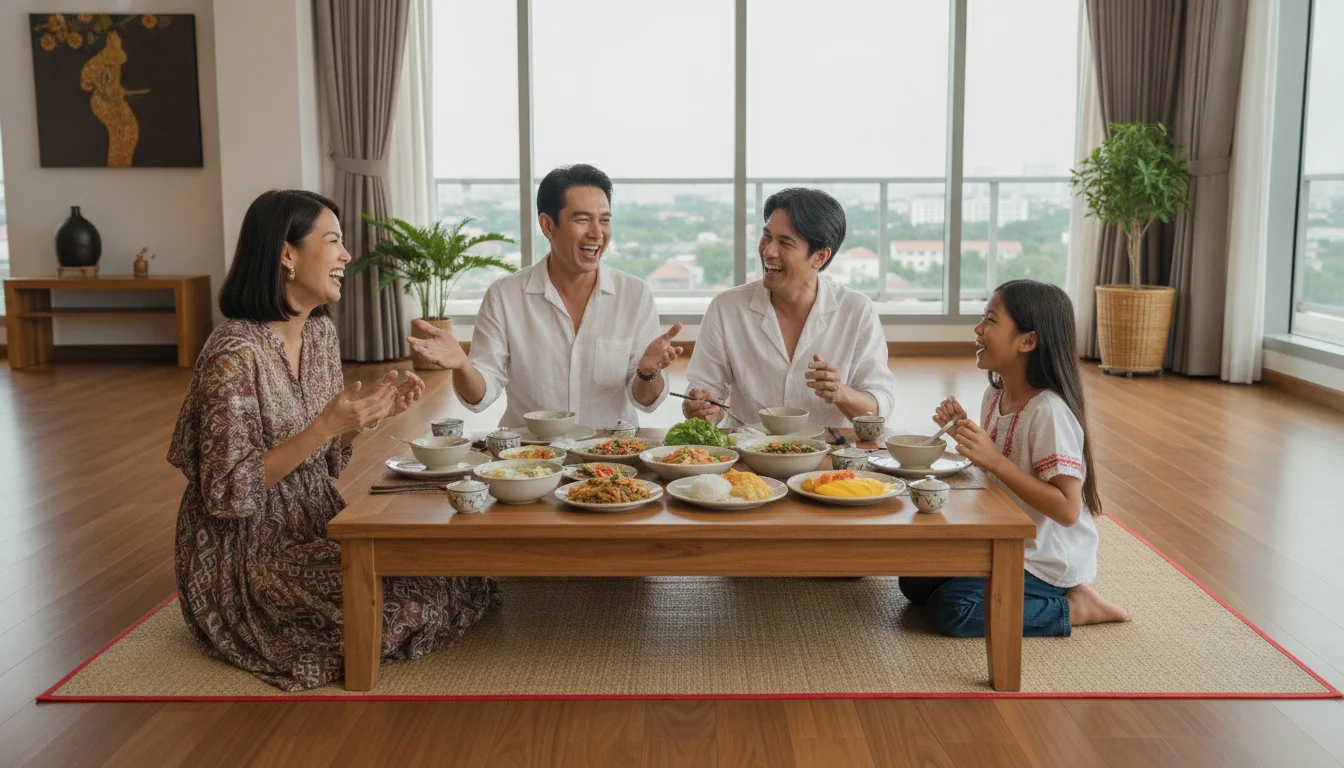 A family gathered around a low table, sharing a meal from various dishes, with animated conversation and smiles.