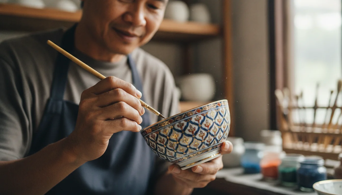 Thai artisan painting Benjarong porcelain