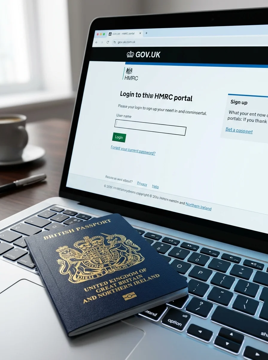 UK Government HMRC portal on a laptop with a British passport UK Government HMRC portal on a laptop with a British passport
