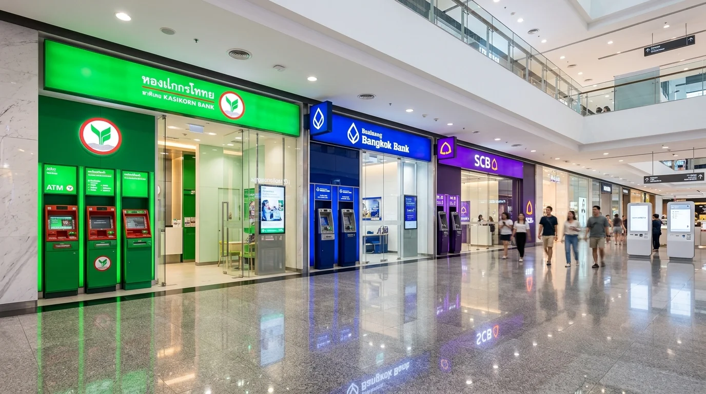 A row of Thai bank branch storefronts A row of Thai bank branch storefronts