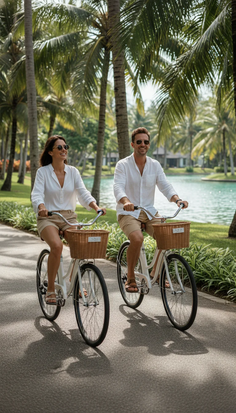 Couple riding complimentary Banyan Tree bicycles Couple riding complimentary Banyan Tree bicycles