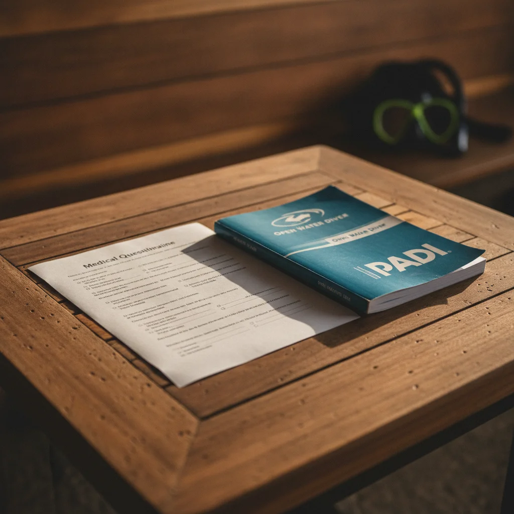 A close-up of a diver’s medical questionnaire and a PADI manual resting on a wooden table at the dive centre.