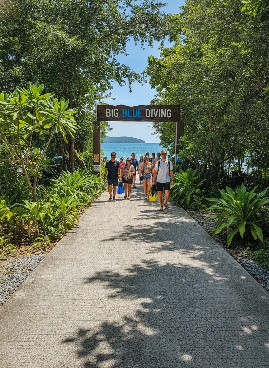 The narrow concrete path leading to the entrance of Big Blue Diving, flanked by lush green foliage and signs for the dive shop, with the turquoise sea visible at the end of the walkway.