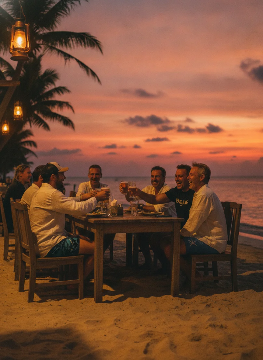 An evening shot of the Big Blue beachfront restaurant, with wooden tables set on the sand under hanging lanterns, divers sharing drinks, and a sunset over the Gulf of Thailand.