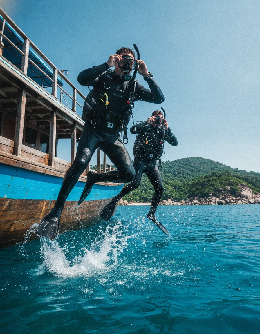 A close-up action shot of divers in full gear stepping off the back of a large, blue-painted wooden dive boat into the clear water, with the rugged green coastline of Koh Tao in the background.