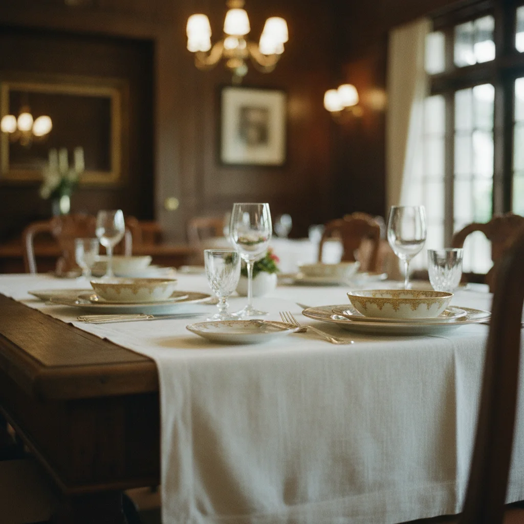 A close-up detail shot of the antique dark wood furniture and gold-trimmed porcelain tableware set on a white tablecloth inside the dining room at Blue Elephant Bangkok