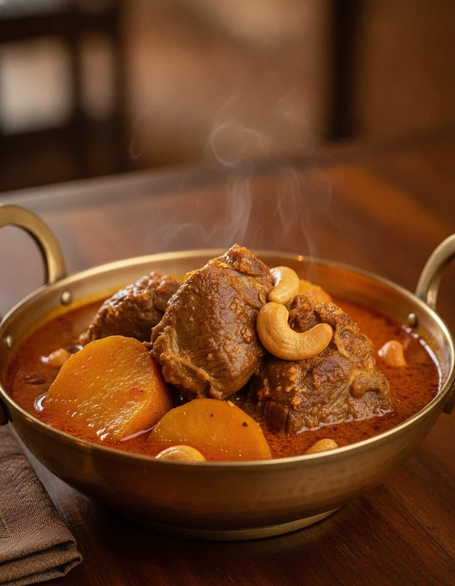 A close-up food shot of the Massaman Lamb Curry served at Blue Elephant Bangkok, presented in a traditional brass bowl with chunks of tender lamb, golden sweet potatoes, roasted cashew nuts, and a layer of rich, red-orange curry oil on top