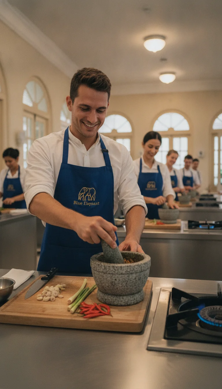 An interior shot of the upper-floor kitchen at Blue Elephant Bangkok, featuring students in blue aprons standing behind individual stainless-steel cooking stations equipped with gas burners, stone pestles, and fresh ingredients like lemongrass and red chillies