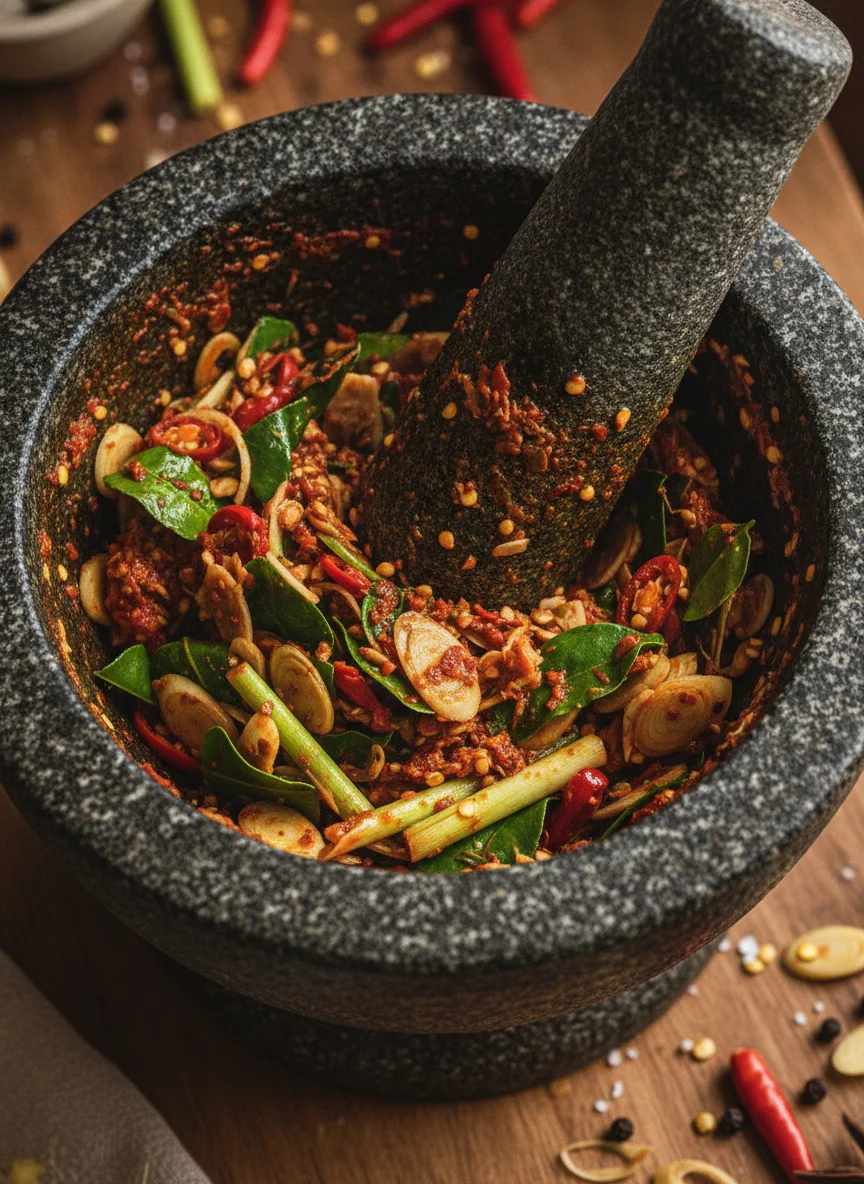 hand-pounded Thai curry paste in a granite mortar hand-pounded Thai curry paste in a granite mortar