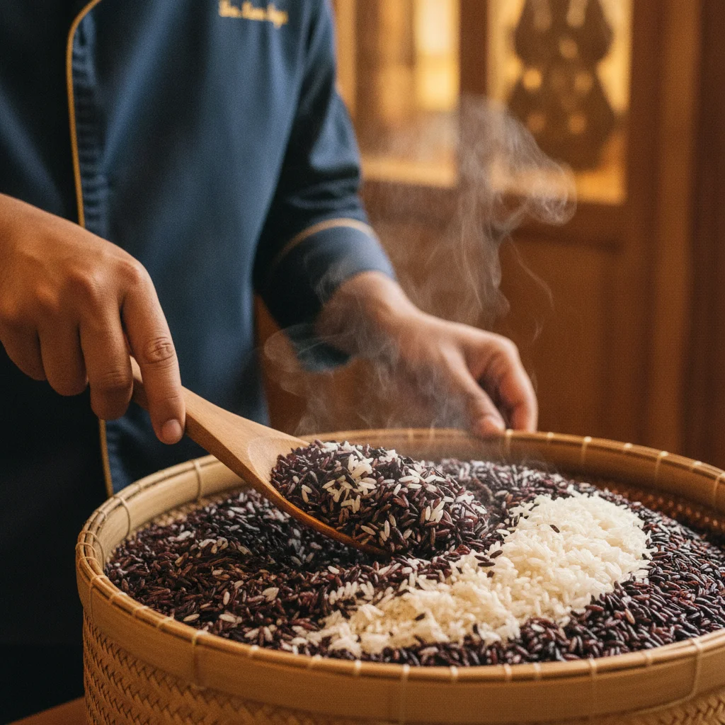 server's hands with wooden paddle and rice basket server's hands with wooden paddle and rice basket