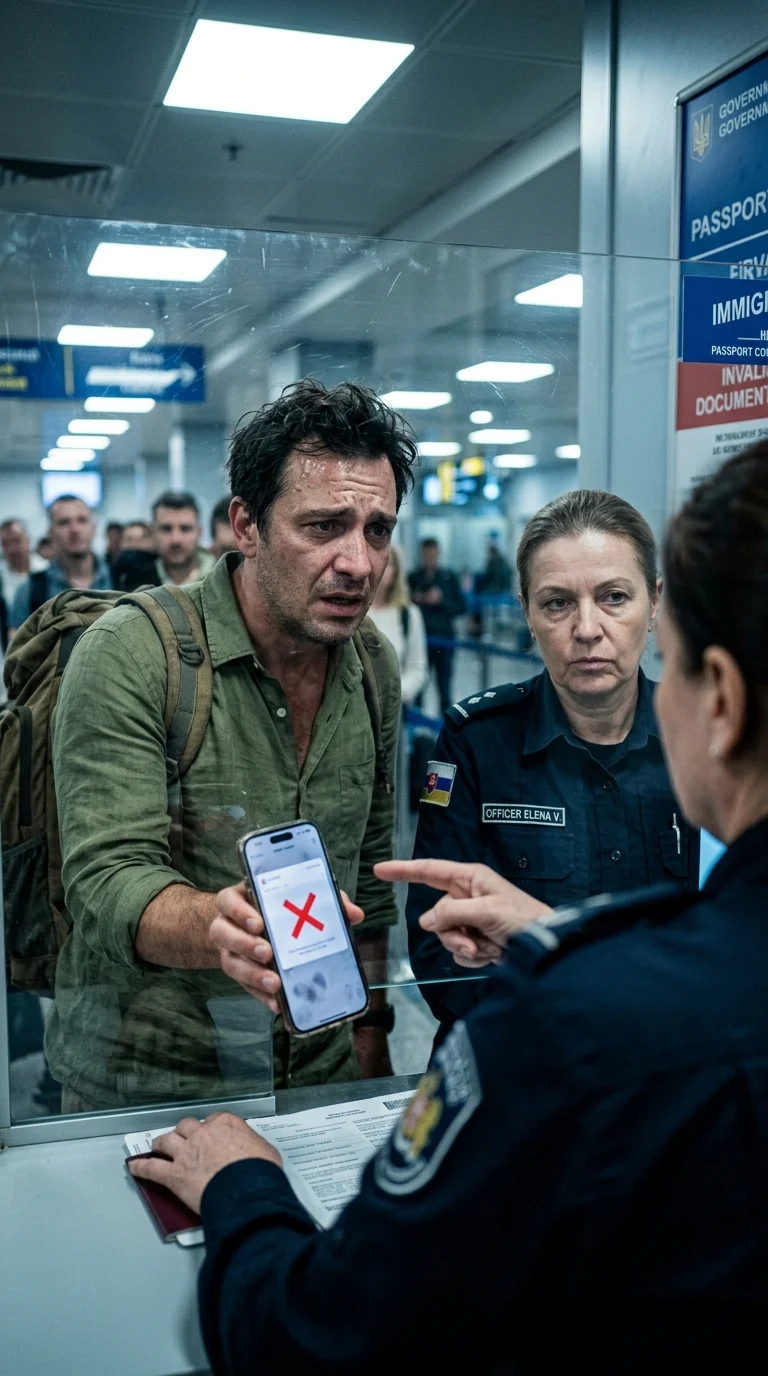 frustrated traveller and stoic border officer