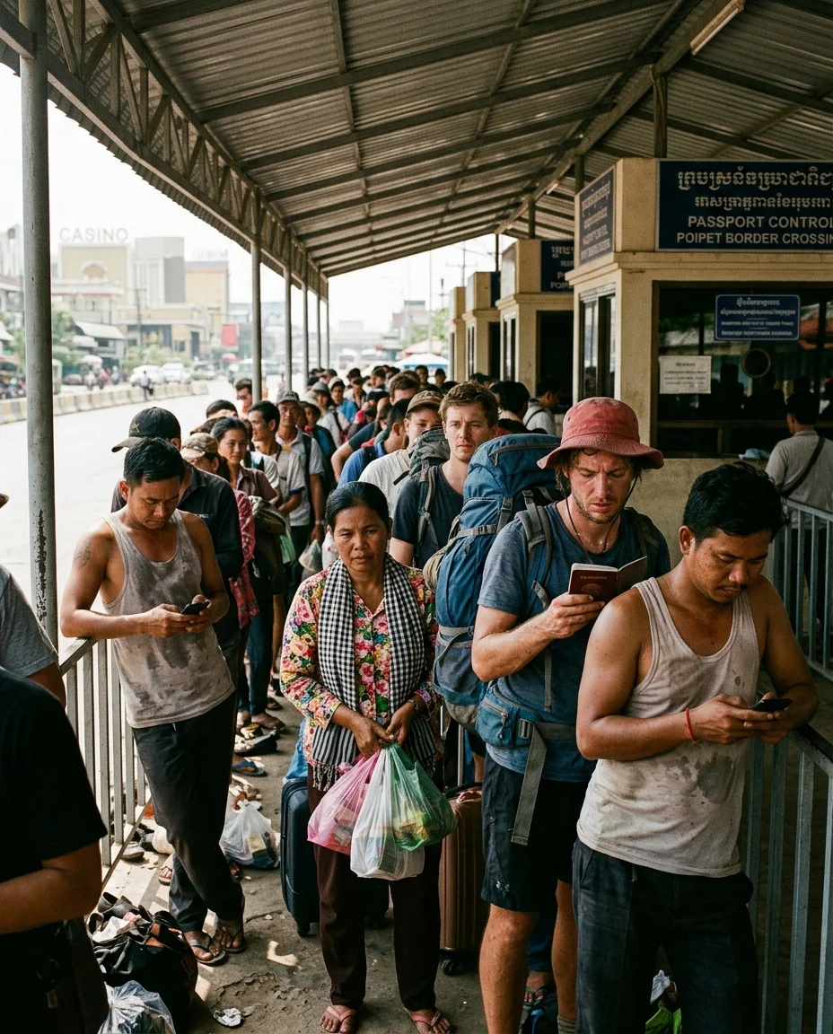 Travellers at Poipet border crossing