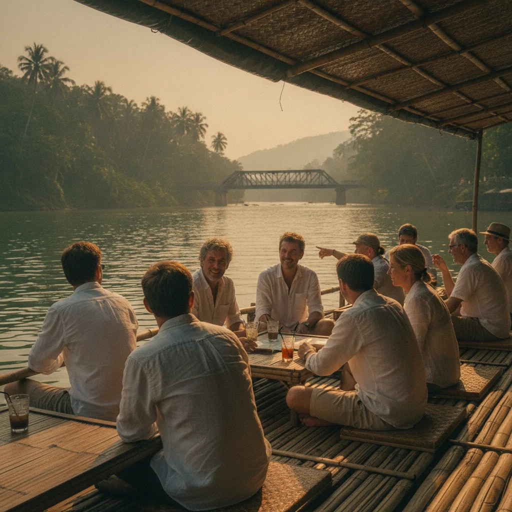 tourists dining on a floating bamboo restaurant platform