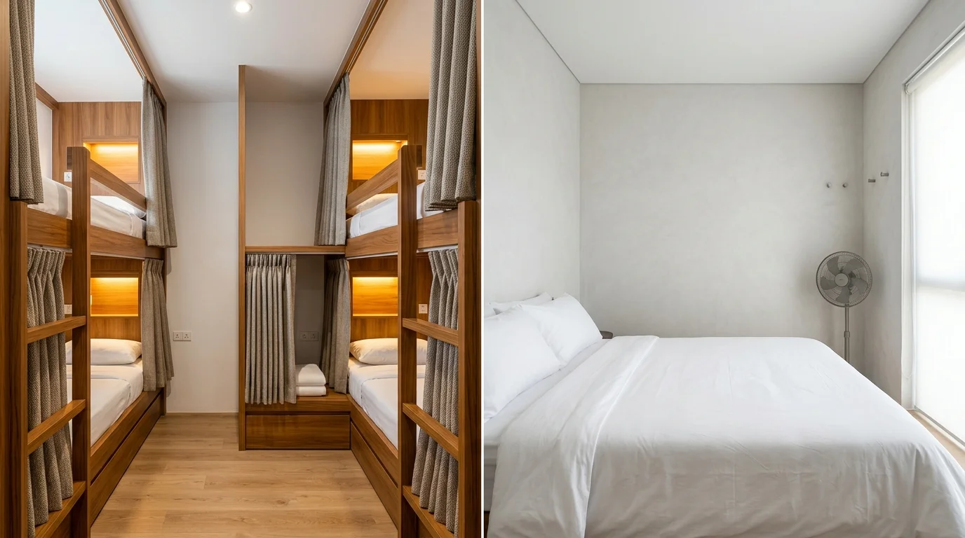 Comparison of hostel dorm and private guesthouse room Comparison of hostel dorm and private guesthouse room