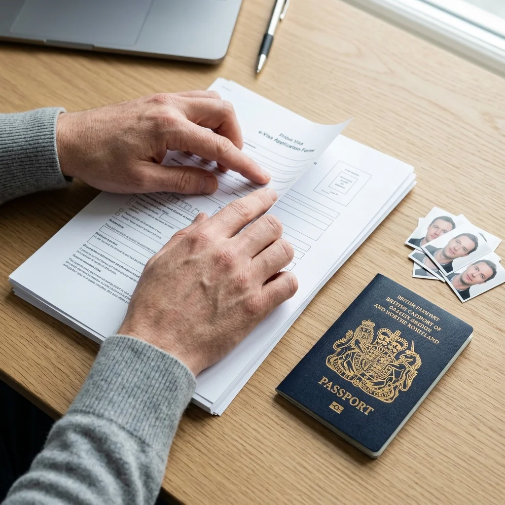 Traveller's hands with passport and visa documents Traveller's hands with passport and visa documents