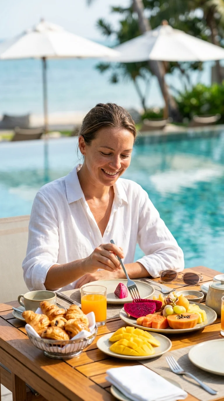 A guest enjoying a luxury breakfast A guest enjoying a luxury breakfast