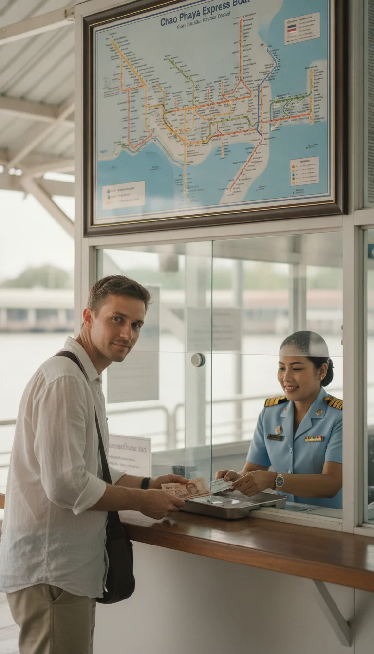 a passenger and a cashier at Sathorn Pier a passenger and a cashier at Sathorn Pier
