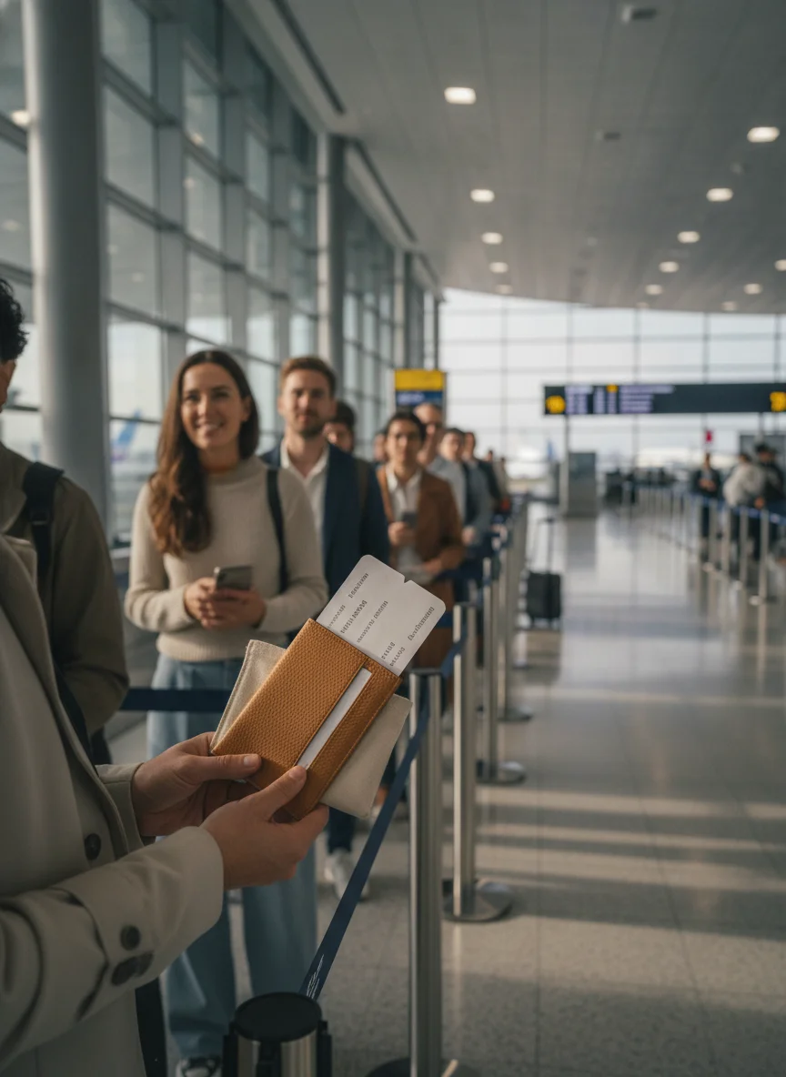 travellers in a departure queue travellers in a departure queue