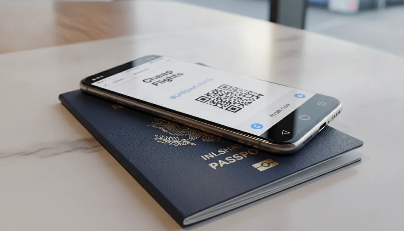 Digital boarding pass on smartphone resting on a passport Digital boarding pass on smartphone resting on a passport