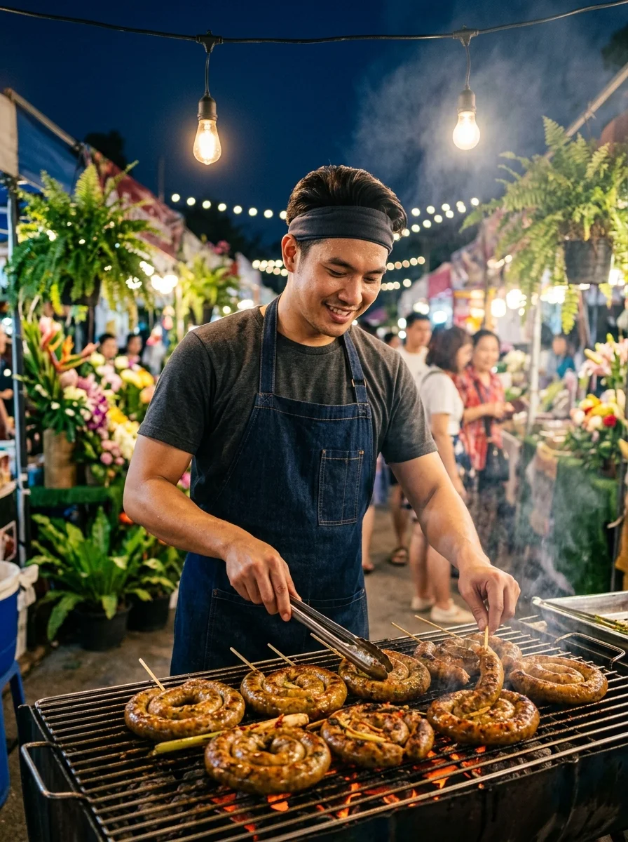 Thai street food vendor grilling sausages Thai street food vendor grilling sausages