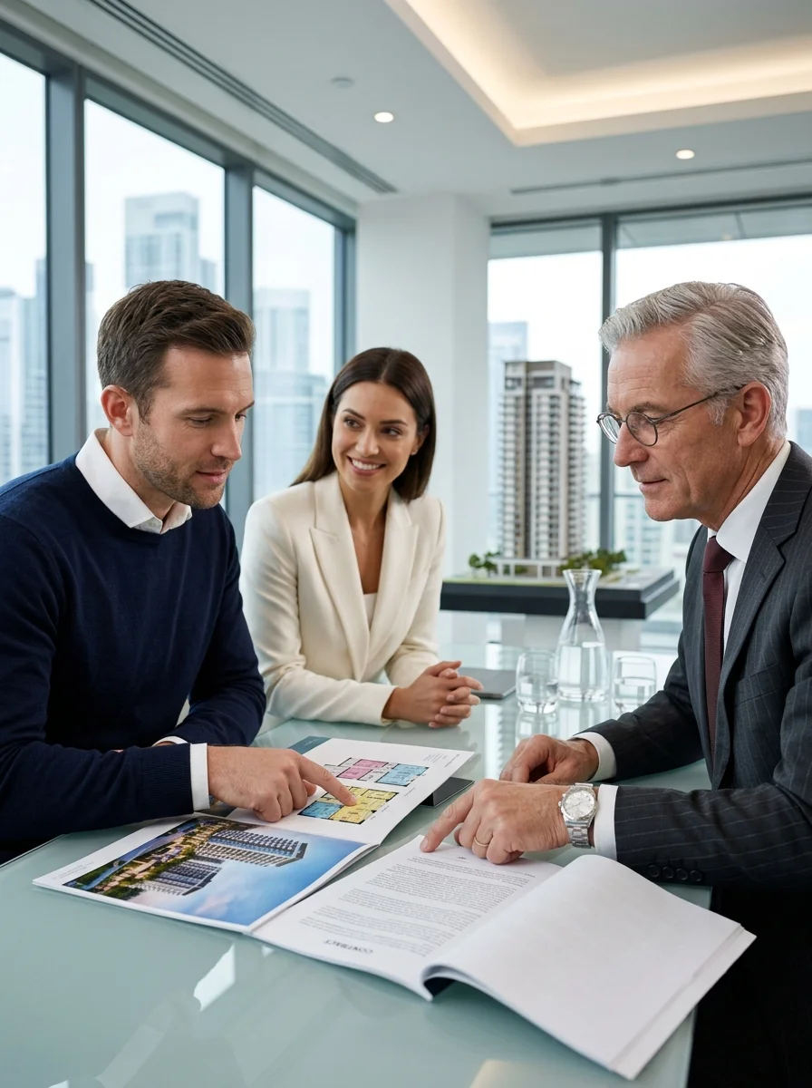A trio of people in a high-stakes contract negotiation A trio of people in a high-stakes contract negotiation
