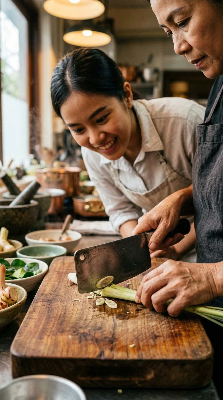 A Thai chef's hands and a student's observant gaze A Thai chef's hands and a student's observant gaze