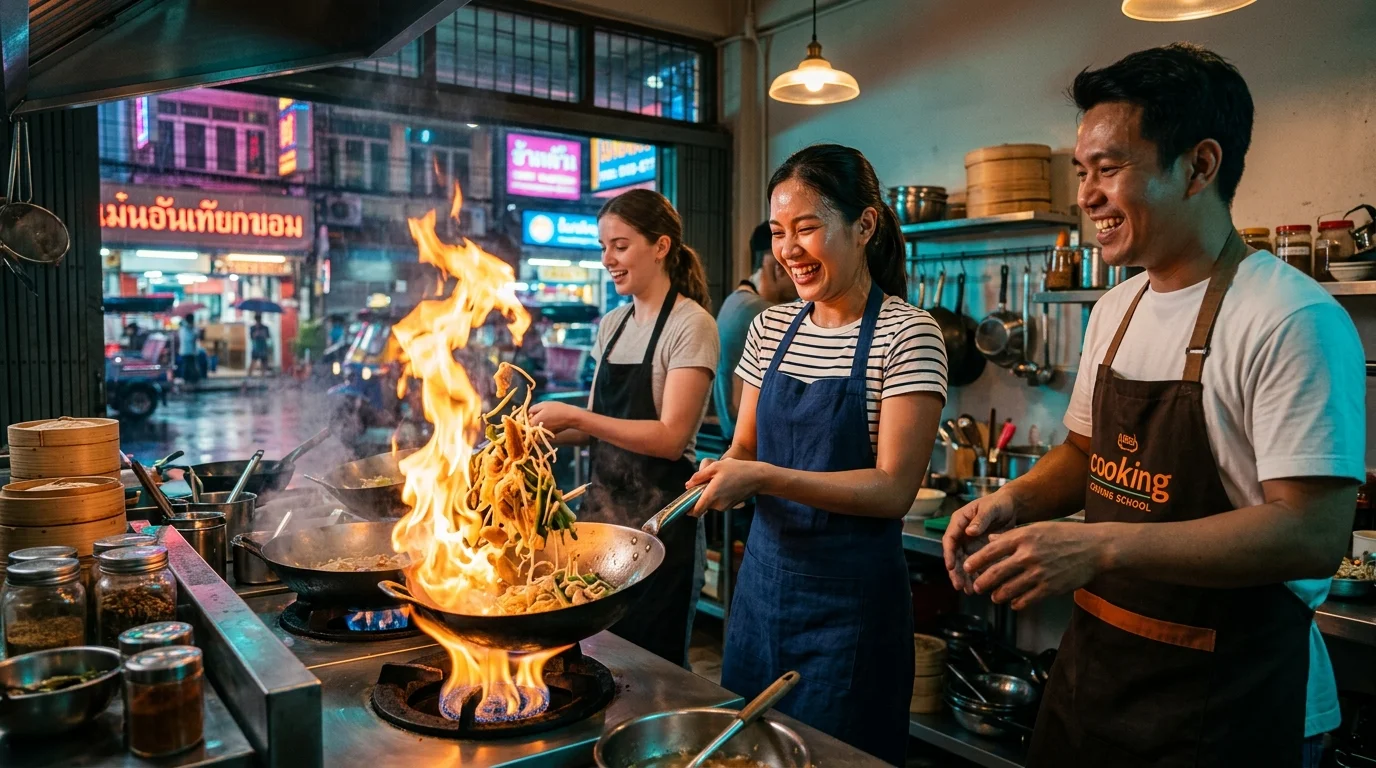 culinary students tossing noodles in a Bangkok cooking class culinary students tossing noodles in a Bangkok cooking class