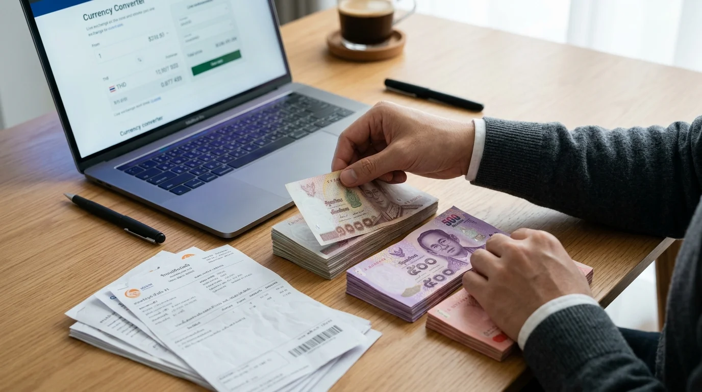 hands organising Thai Baht and bills hands organising Thai Baht and bills