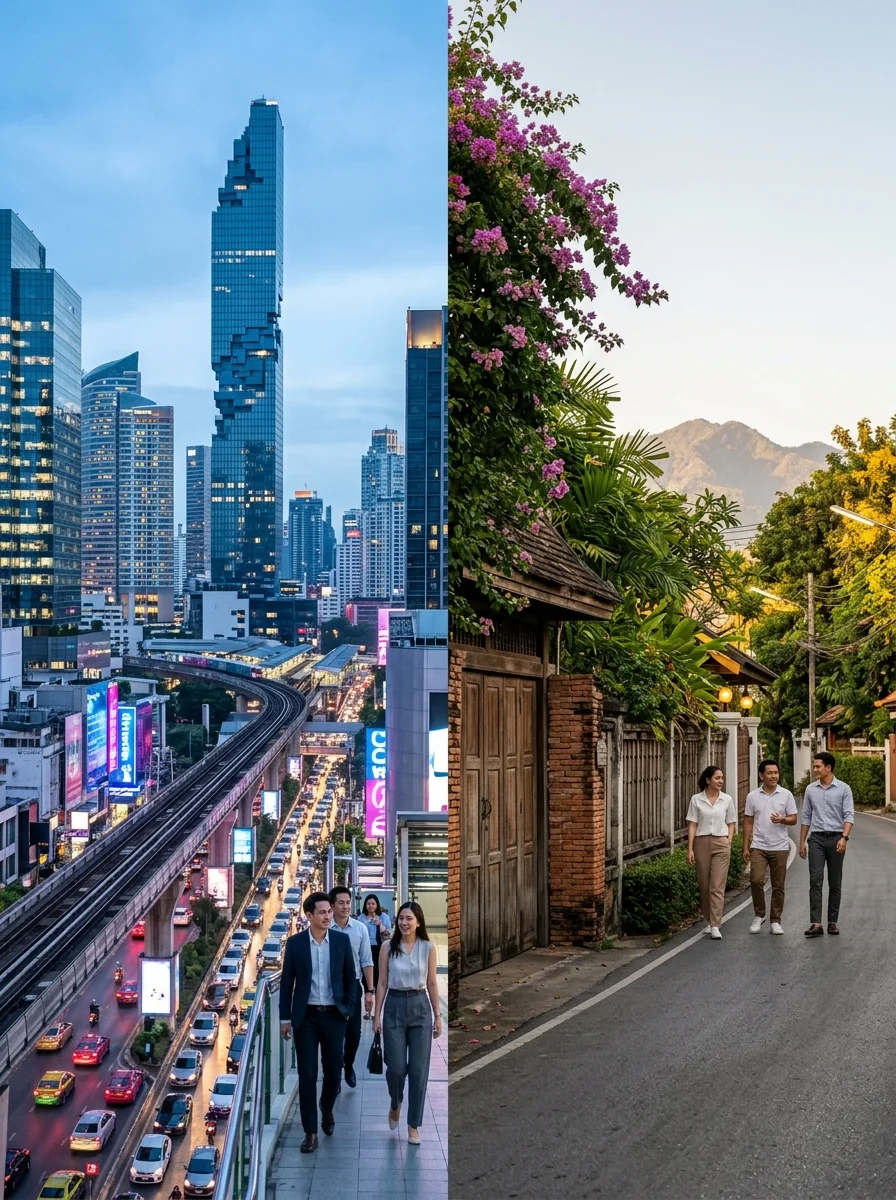 Comparative split-view of Bangkok and Chiang Mai Comparative split-view of Bangkok and Chiang Mai