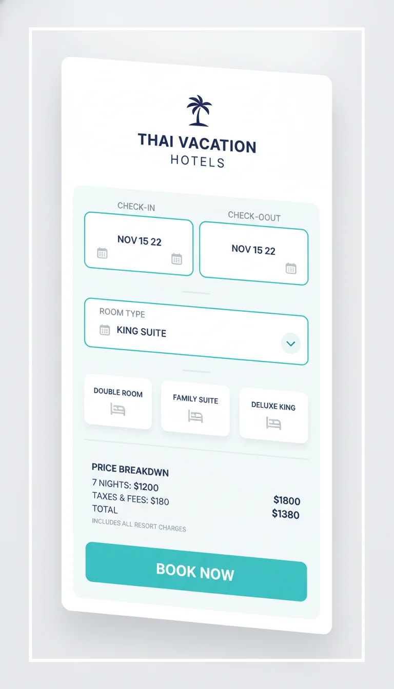 A graphical representation of a hotel room booking interface, showing fields for dates, room types, and prices, to illustrate the booking process.