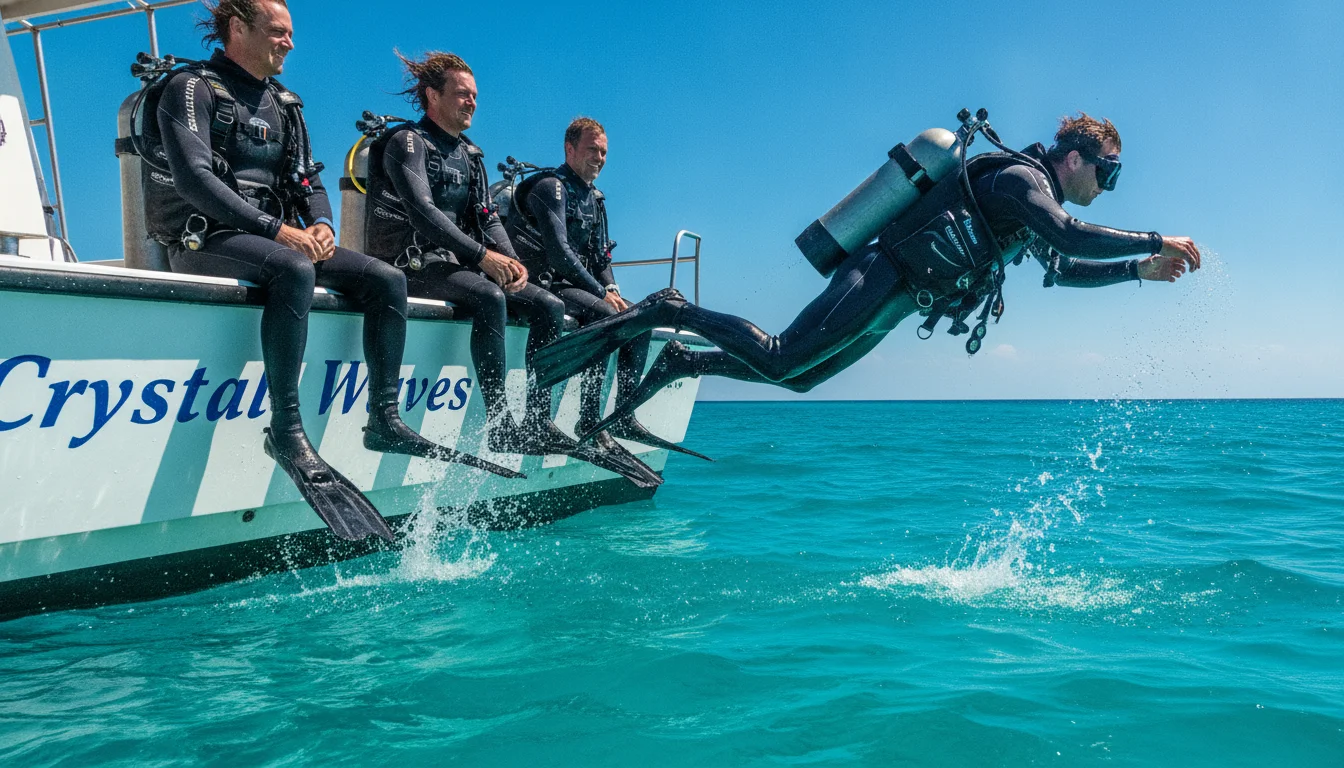A row of divers in black wetsuits sitting on the edge of the Crystal Waves boat, preparing to giant-stride into the turquoise water.