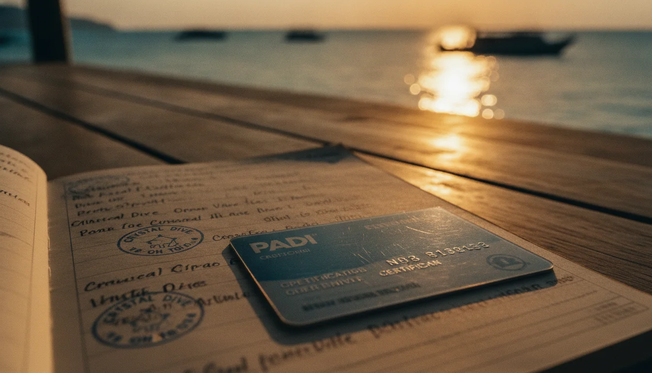 A close-up of a diver's logbook and a PADI certification card resting on a wooden table at the Crystal Dive bar, with the sunset over the ocean in the background.