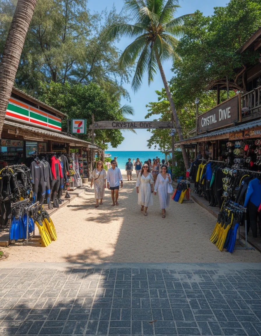 The entrance path to Crystal Dive in Mae Haad, showing the paved walkway lined with dive gear displays, a 7-Eleven nearby, and the sandy path leading toward the beach.