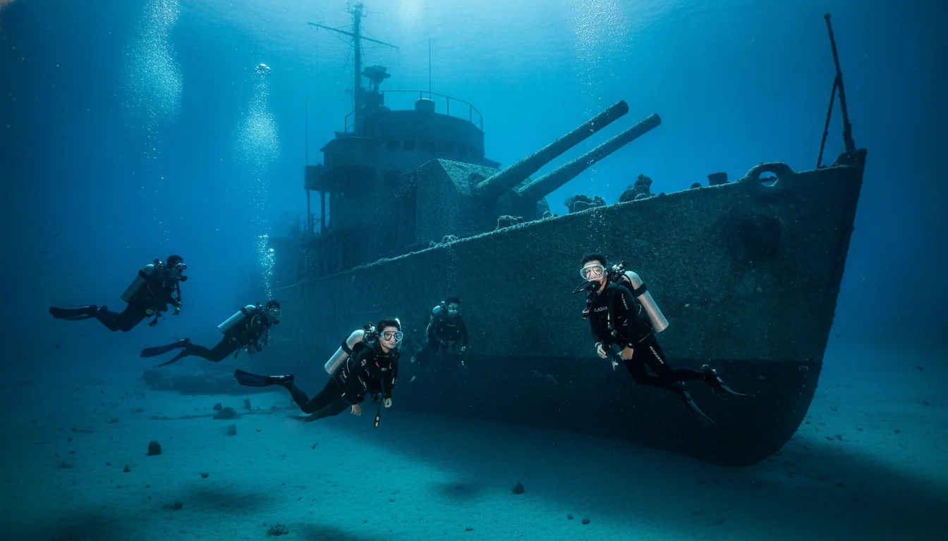 A clear underwater shot of the HTMS Sattakut wreck near Koh Tao, showing the silhouette of the ship's cannons and the bridge against the deep blue water, with several divers in technical gear hovering nearby.
