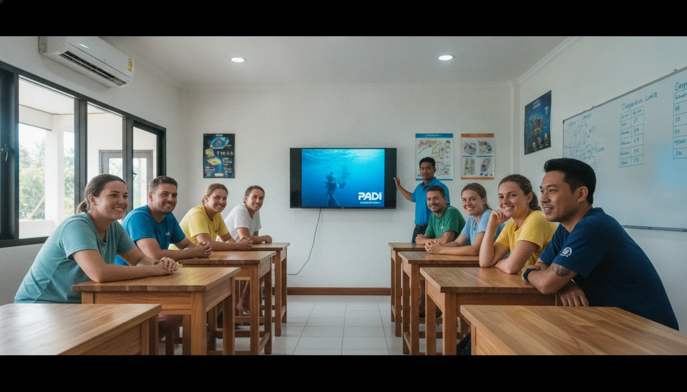 An interior shot of a Crystal Dive classroom where a group of students in t-shirts are seated at wooden desks, focusing on a large television screen displaying PADI training videos while an instructor stands by a whiteboard.