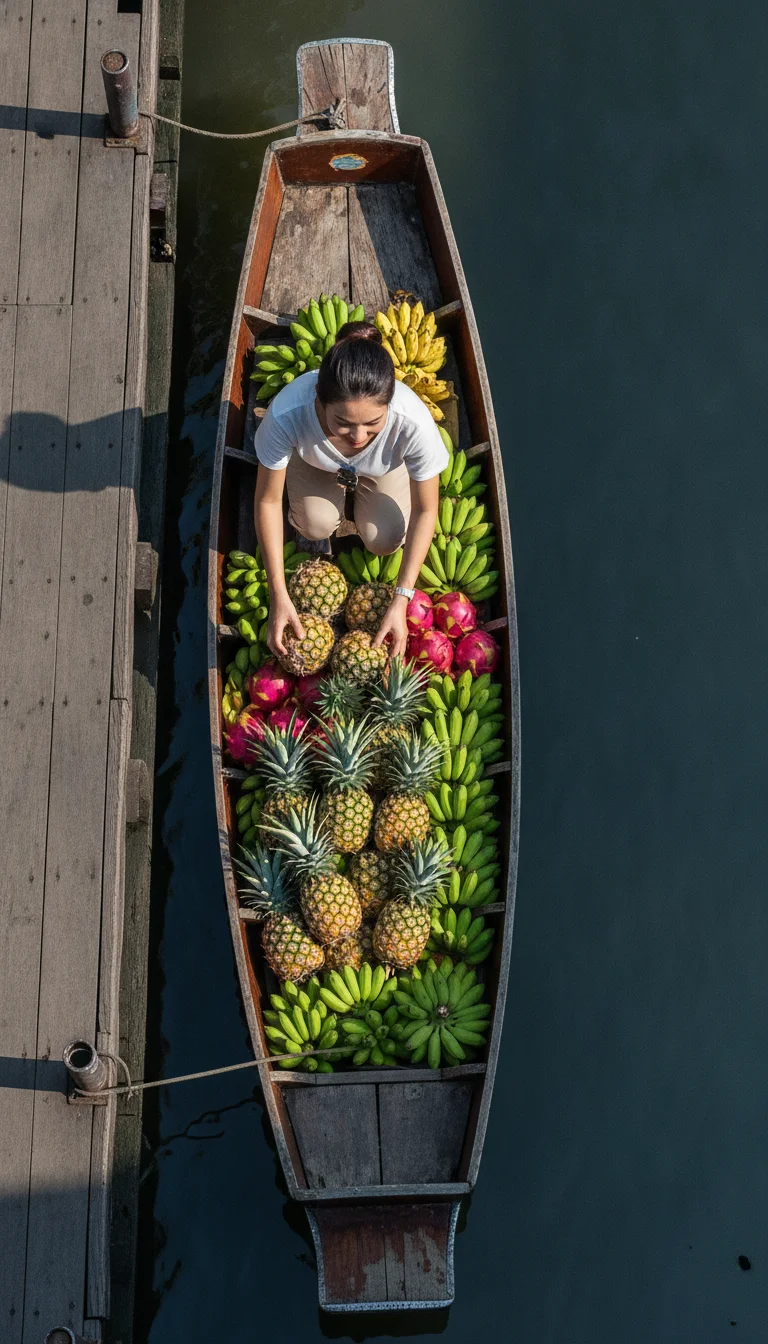 wooden sampan boat with tropical fruit wooden sampan boat with tropical fruit