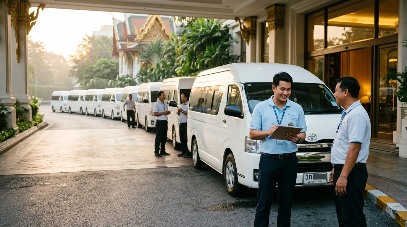 fleet of white tourist minivans and drivers fleet of white tourist minivans and drivers