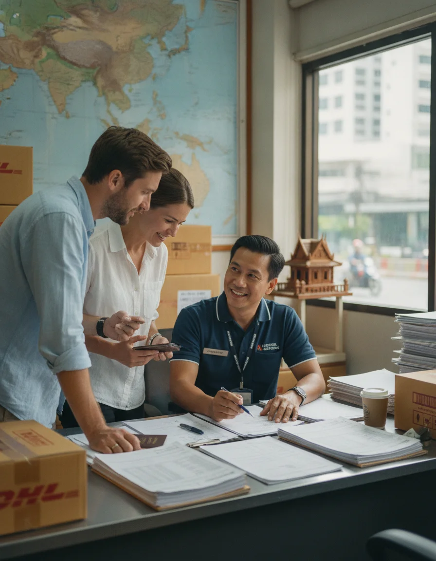 Expat couple and Thai logistics agent Expat couple and Thai logistics agent
