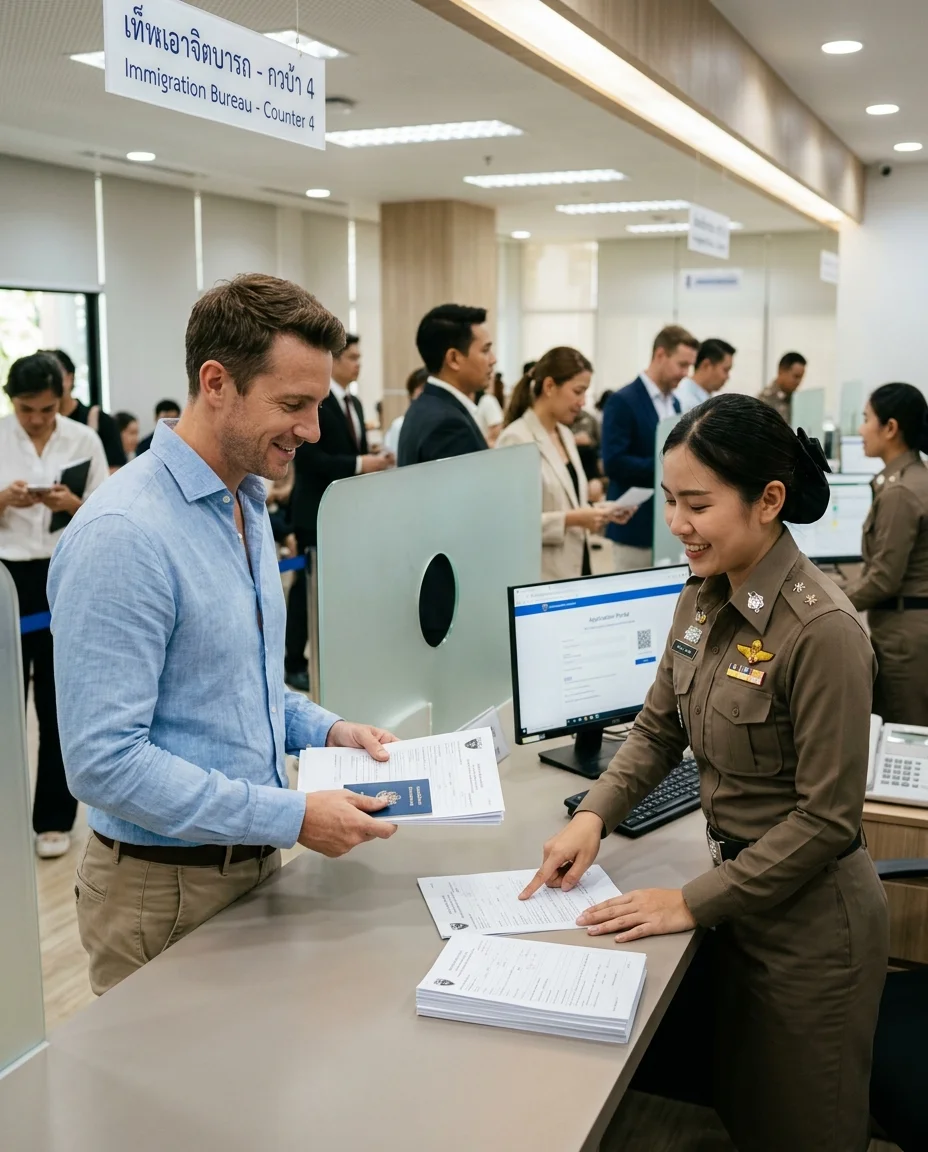 A frustrated foreign applicant and a stern Thai immigration officer A frustrated foreign applicant and a stern Thai immigration officer
