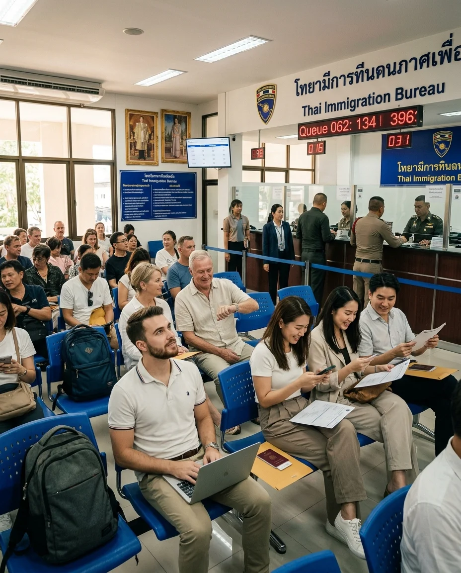 Diverse expats in a Thai Immigration office waiting area Diverse expats in a Thai Immigration office waiting area