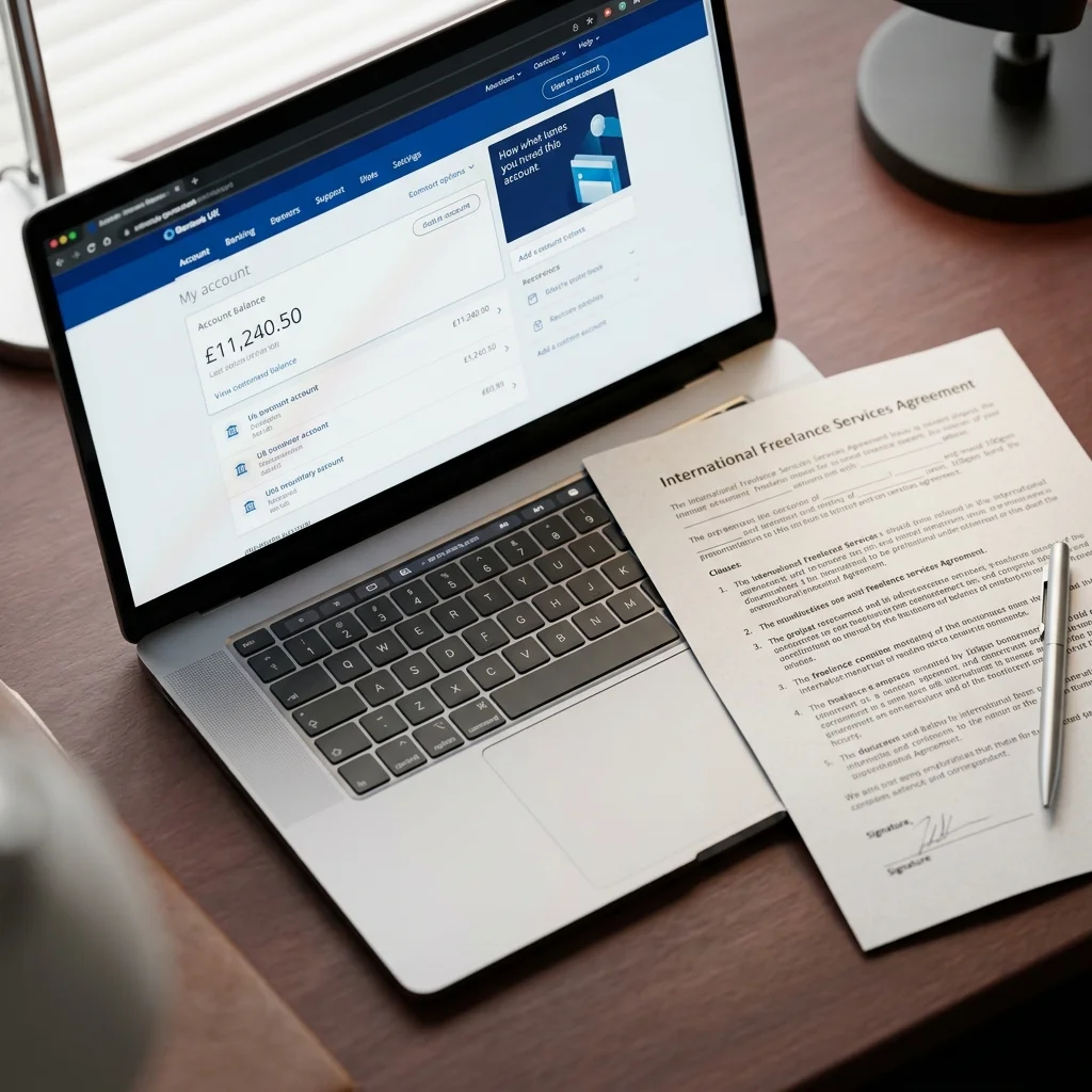 Laptop screen with UK bank statement and physical freelance contract Laptop screen with UK bank statement and physical freelance contract