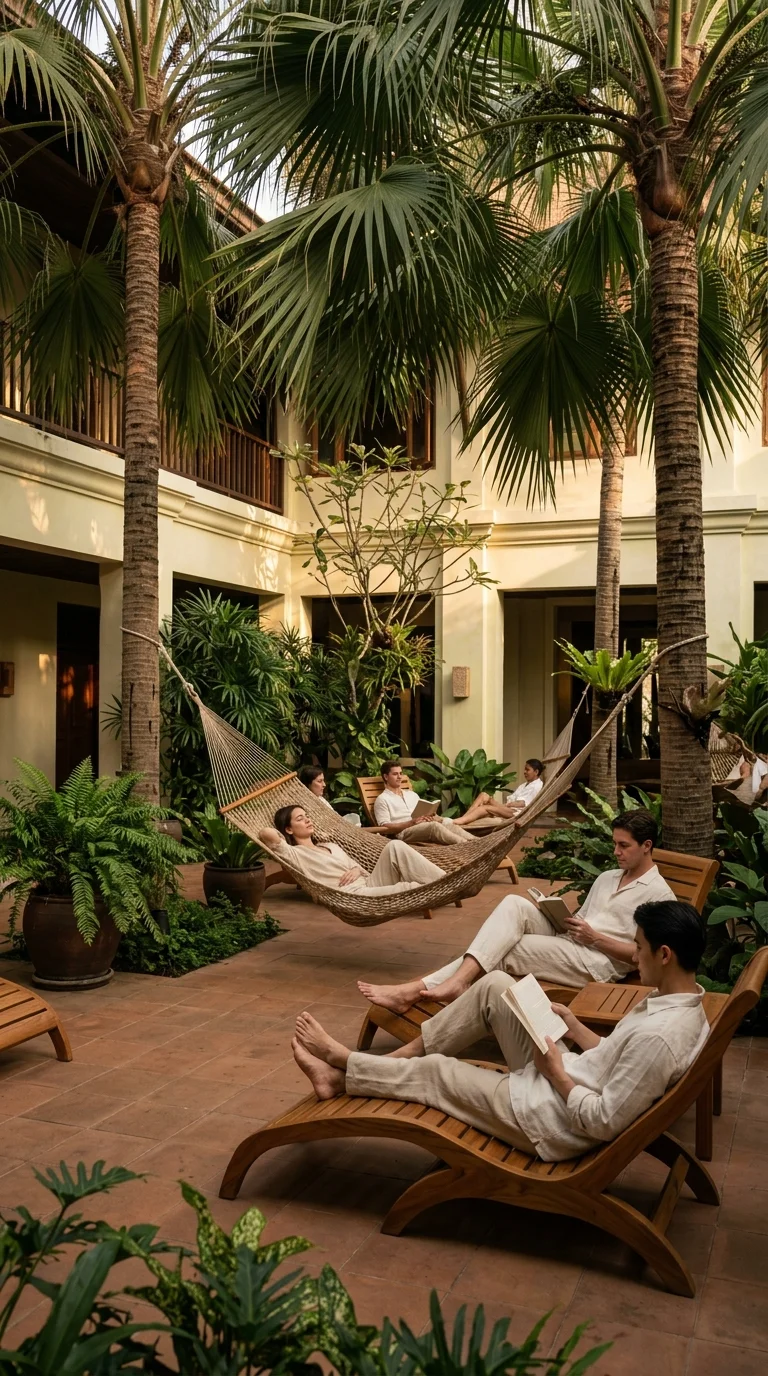 a shaded retreat center courtyard a shaded retreat center courtyard