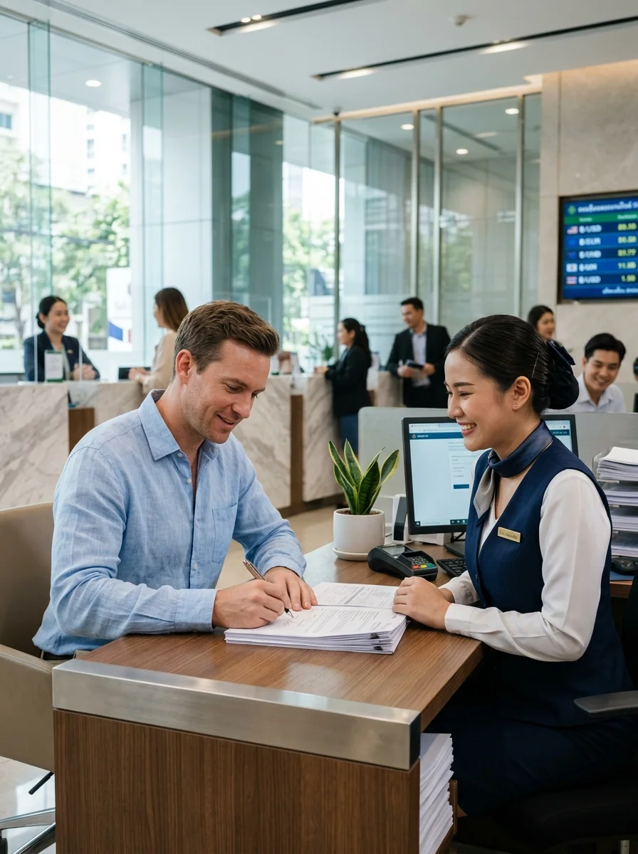 Western expat and Thai bank teller Western expat and Thai bank teller