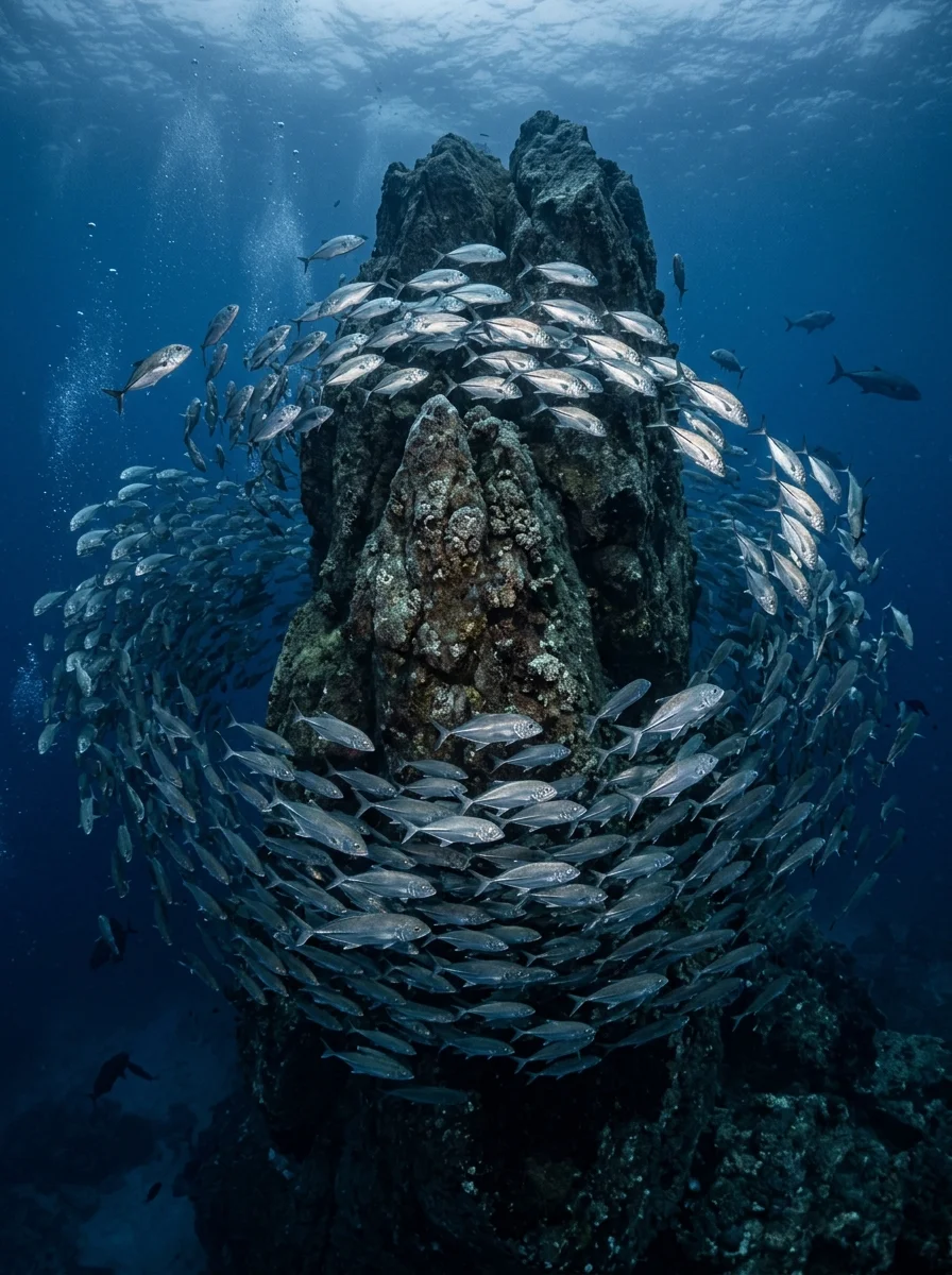 Chumphon Pinnacle and a fish tornado Chumphon Pinnacle and a fish tornado
