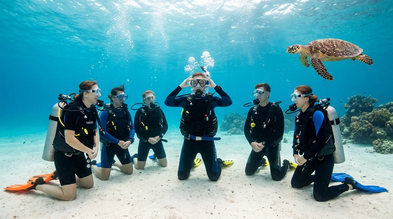scuba diving training group and hawksbill turtle scuba diving training group and hawksbill turtle