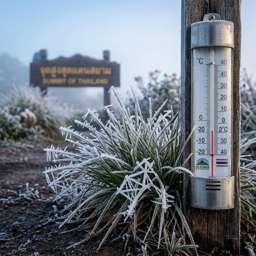 morning frost crystals and summit thermometer