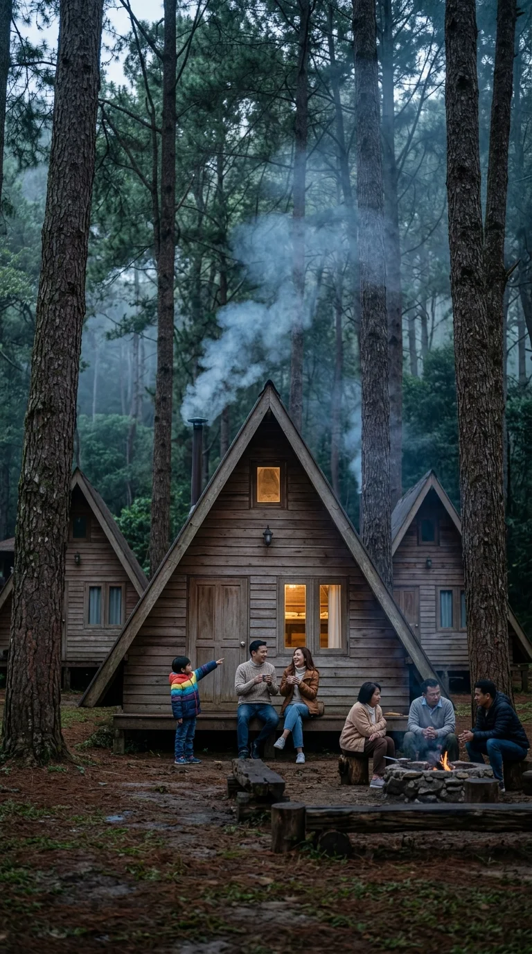 rustic A-frame timber park bungalows